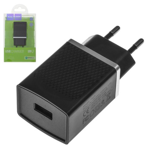 Mains Charger Hoco C42A, Quick Charge, USB input 5V 3A 9V 2A 12V 1.5A, 220 V, black 