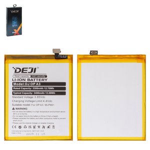 Batería Deji BLP661 puede usarse con Oppo A3 2018  CPH1837 , F7, Li ion, 3.85 V, 3400 mAh